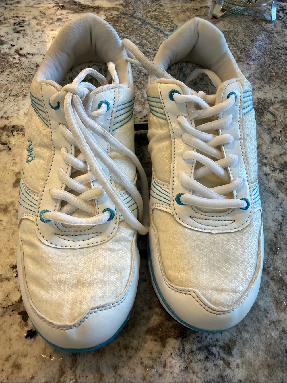 Never worn White and Teal Women’s Lace-Up Sneakers
